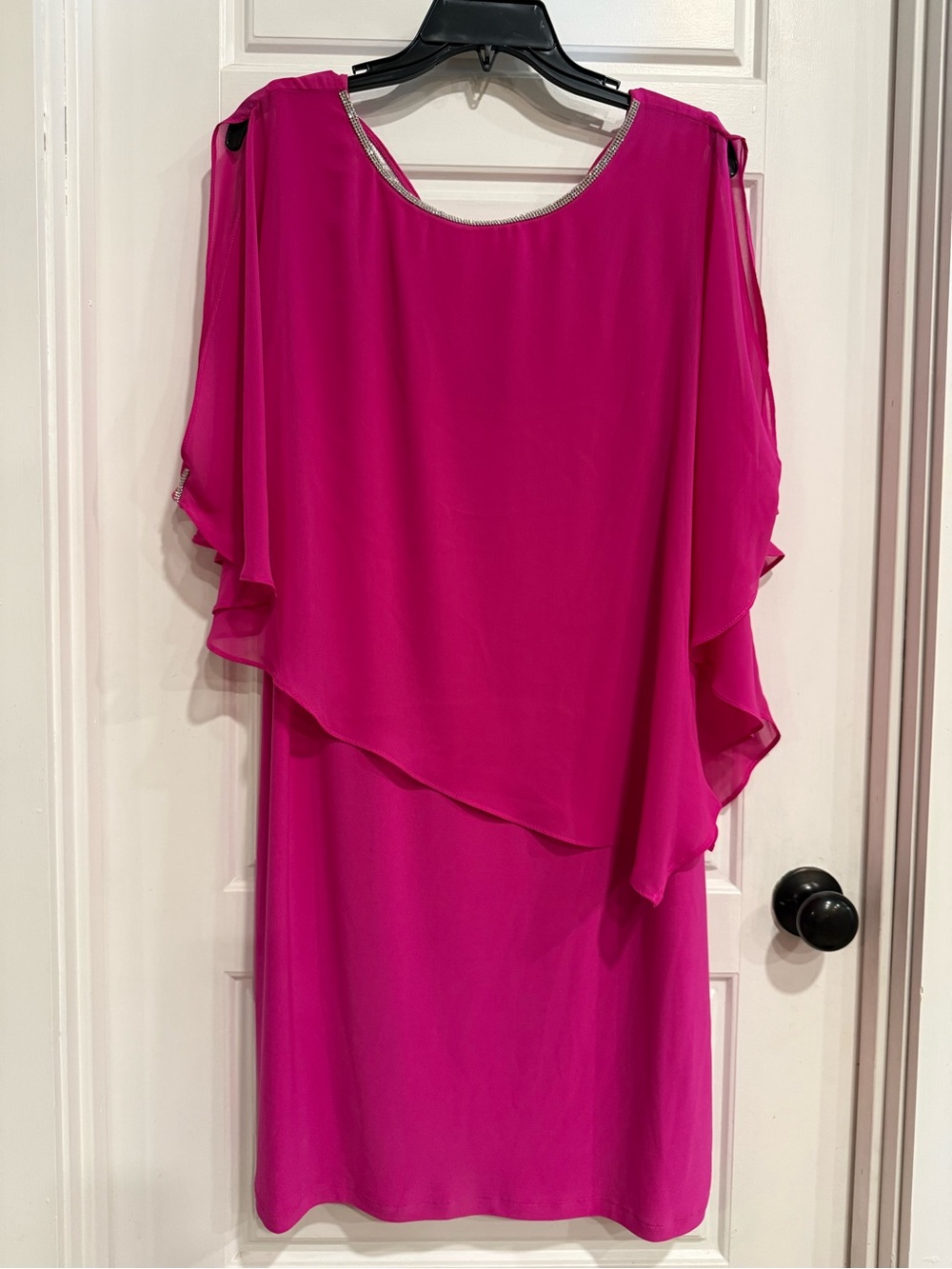 MSK Women’s XL Hot Pink Rhinestone Chiffon Overlay Cape Sleeve Dress